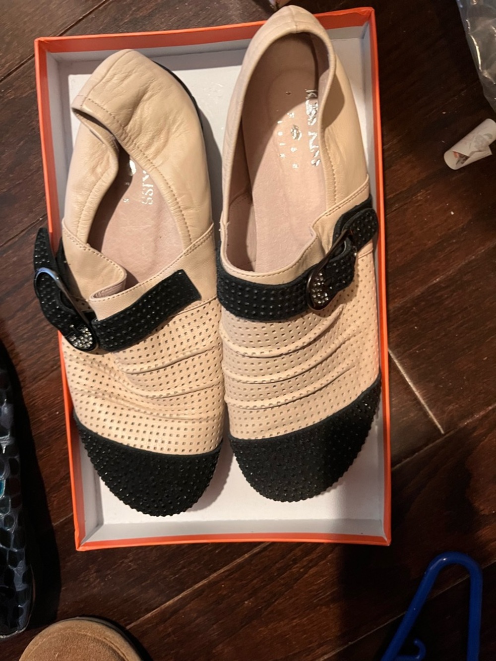 Kissy Kissy Beige and Black Women's Slip-On Flats with Buckle Detail